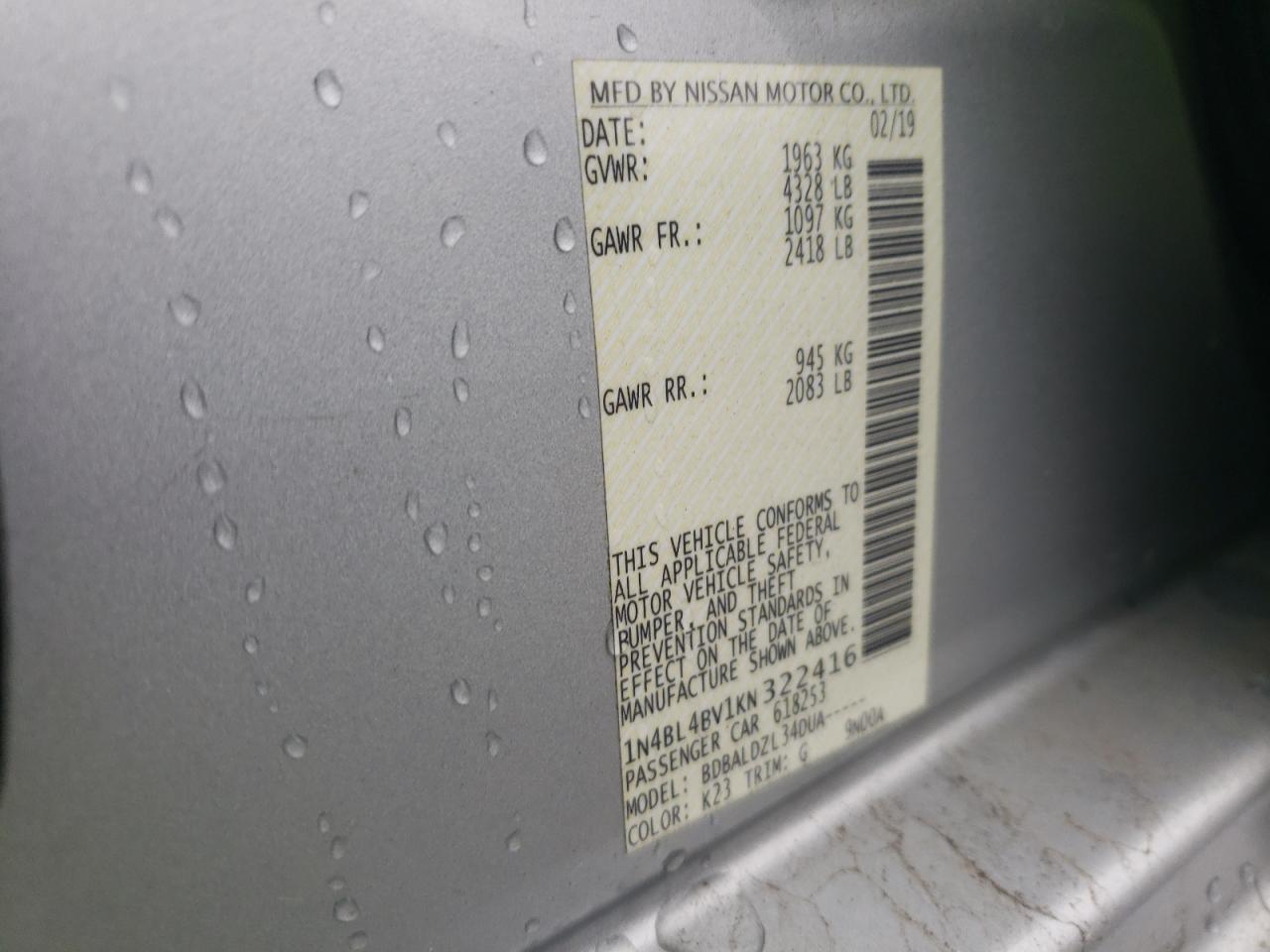 2019 Nissan Altima VIN 1N4BL4BV1KN322416 Copart auction photo, undercarriage damage thumbnail 12