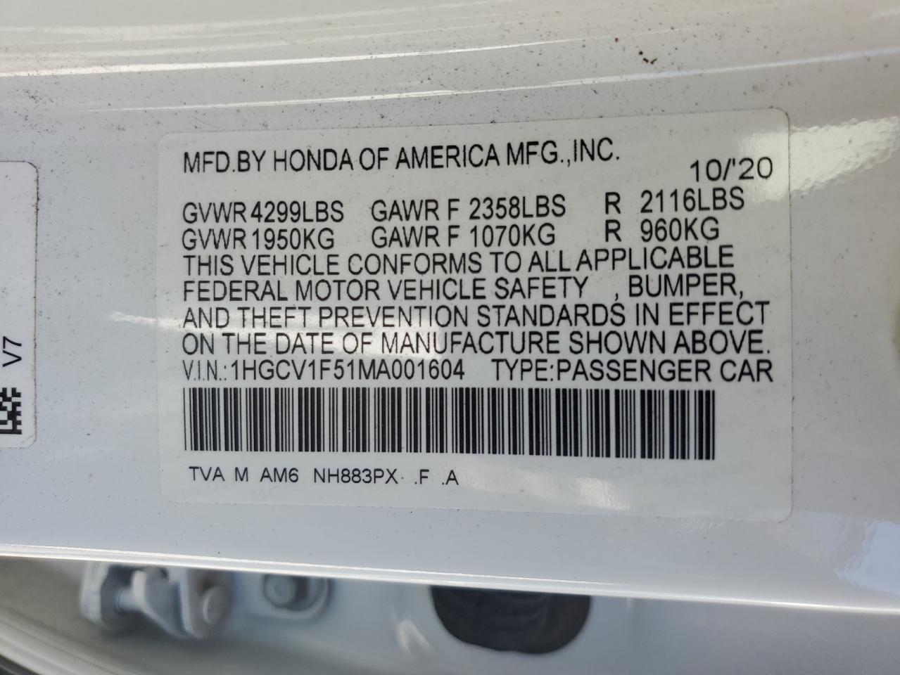 2021 Honda Accord VIN 1HGCV1F51MA001604 Copart auction photo, water/flood / top/roof damage thumbnail 12
