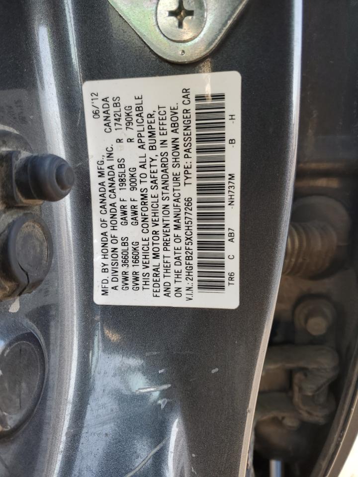 2012 Honda Civic VIN 2HGFB2F5XCH577266 Copart auction photo, side / all over damage thumbnail 15