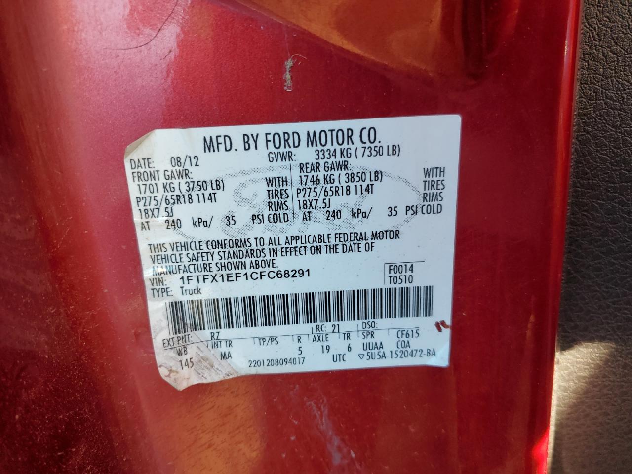 2012 Ford F-150 VIN 1FTFX1EF1CFC68291 Copart auction photo, vandalism damage thumbnail 12
