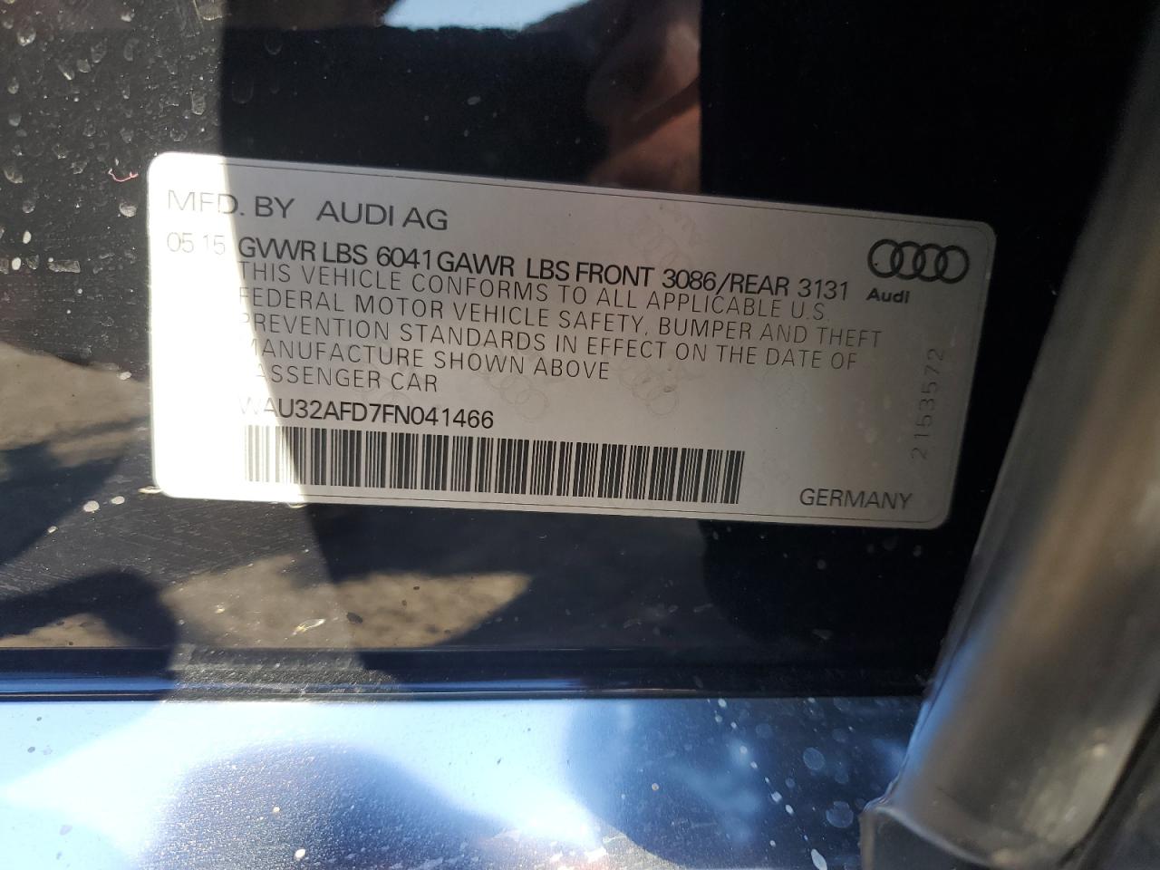 2015 Audi A8 VIN WAU32AFD7FN041466 Copart auction photo, rear end / side damage thumbnail 12