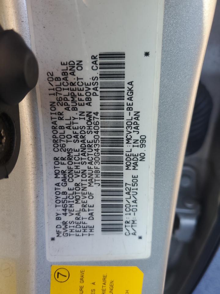 2003 Lexus ES VIN JTHBF30G435040674 Copart auction photo, all over damage thumbnail 14
