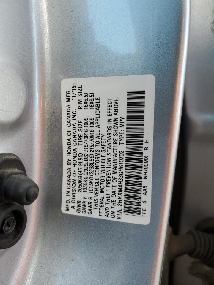 2016 Honda CR-V VIN 2HKRM4H33GH610702 Copart auction photo, side damage thumbnail 16