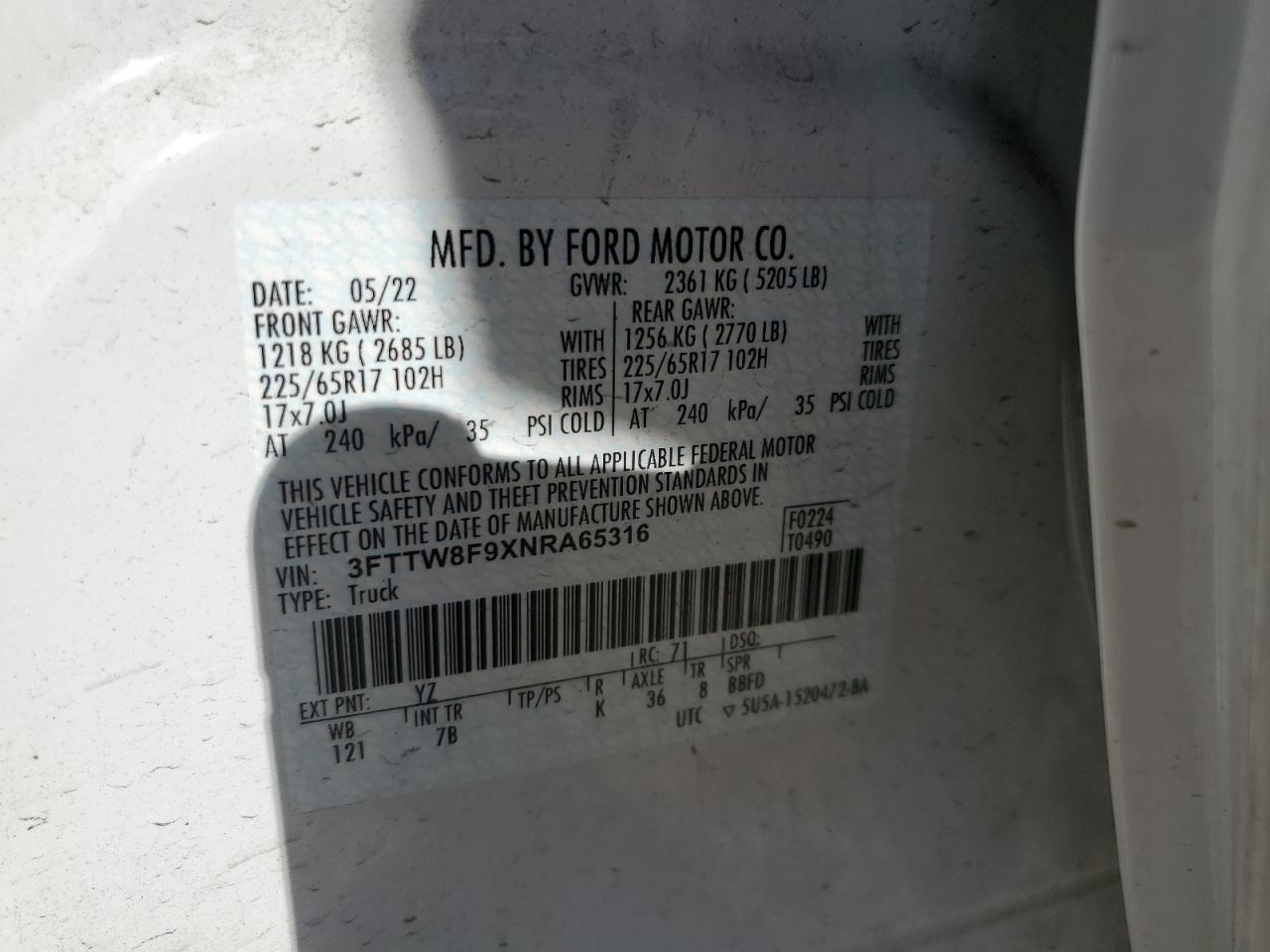 2022 Ford Maverick VIN 3FTTW8F9XNRA65316 Copart auction photo, rear end damage thumbnail 14
