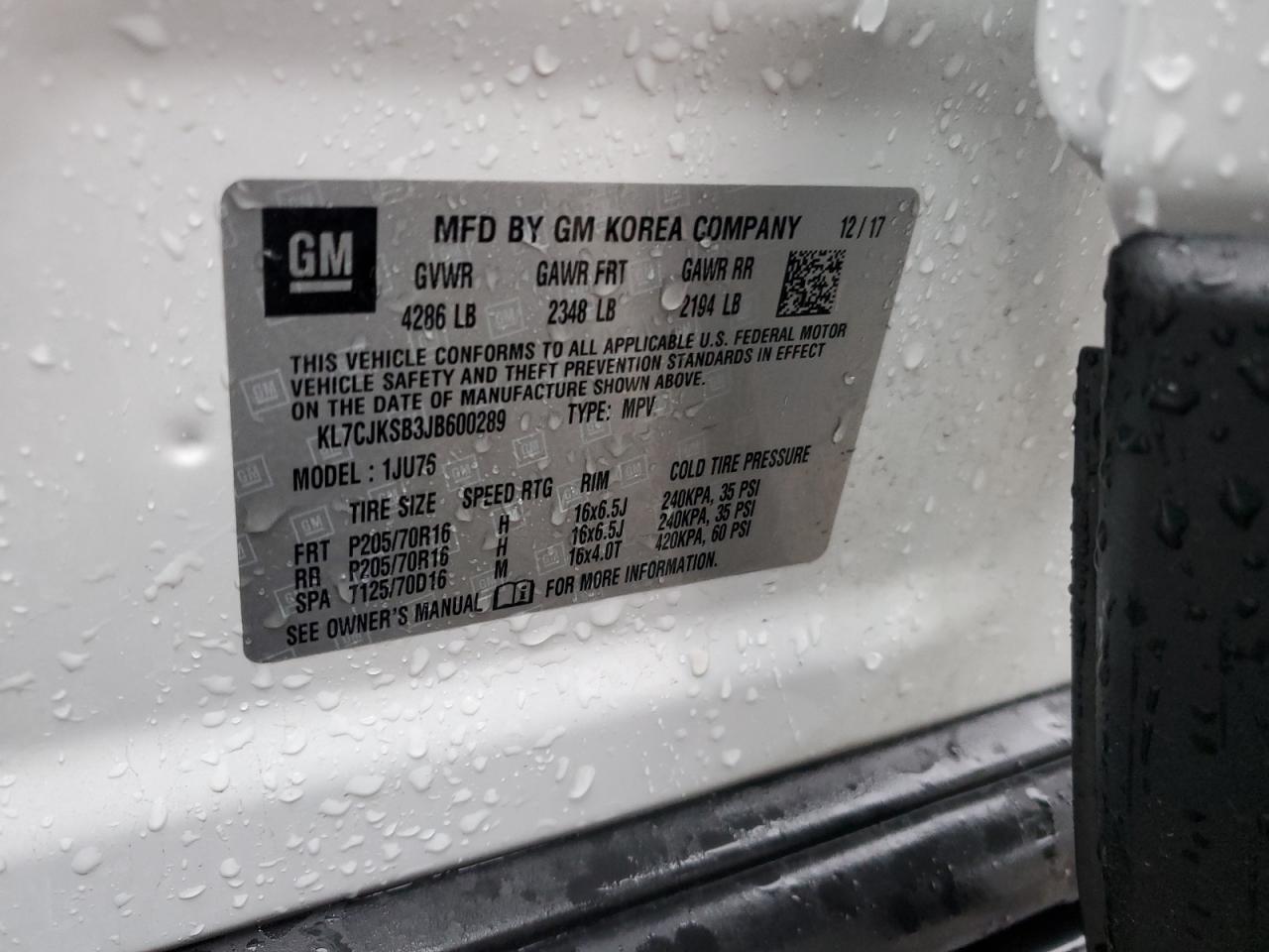 2018 Chevrolet Trax VIN KL7CJKSB3JB600289 Copart auction photo, front end / minor dent/scratches damage thumbnail 13