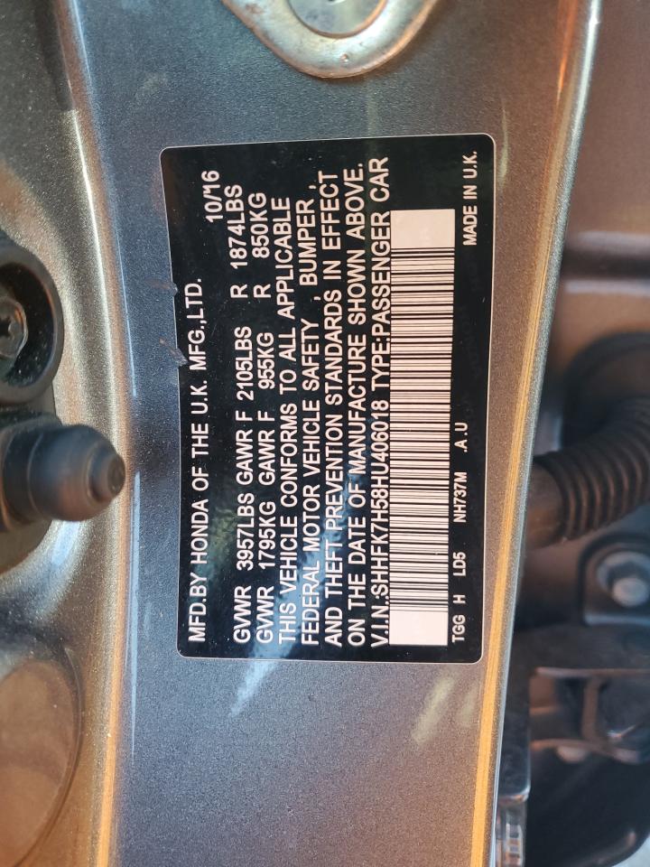 2017 Honda Civic VIN SHHFK7H58HU406018 Copart auction photo, all over damage thumbnail 12