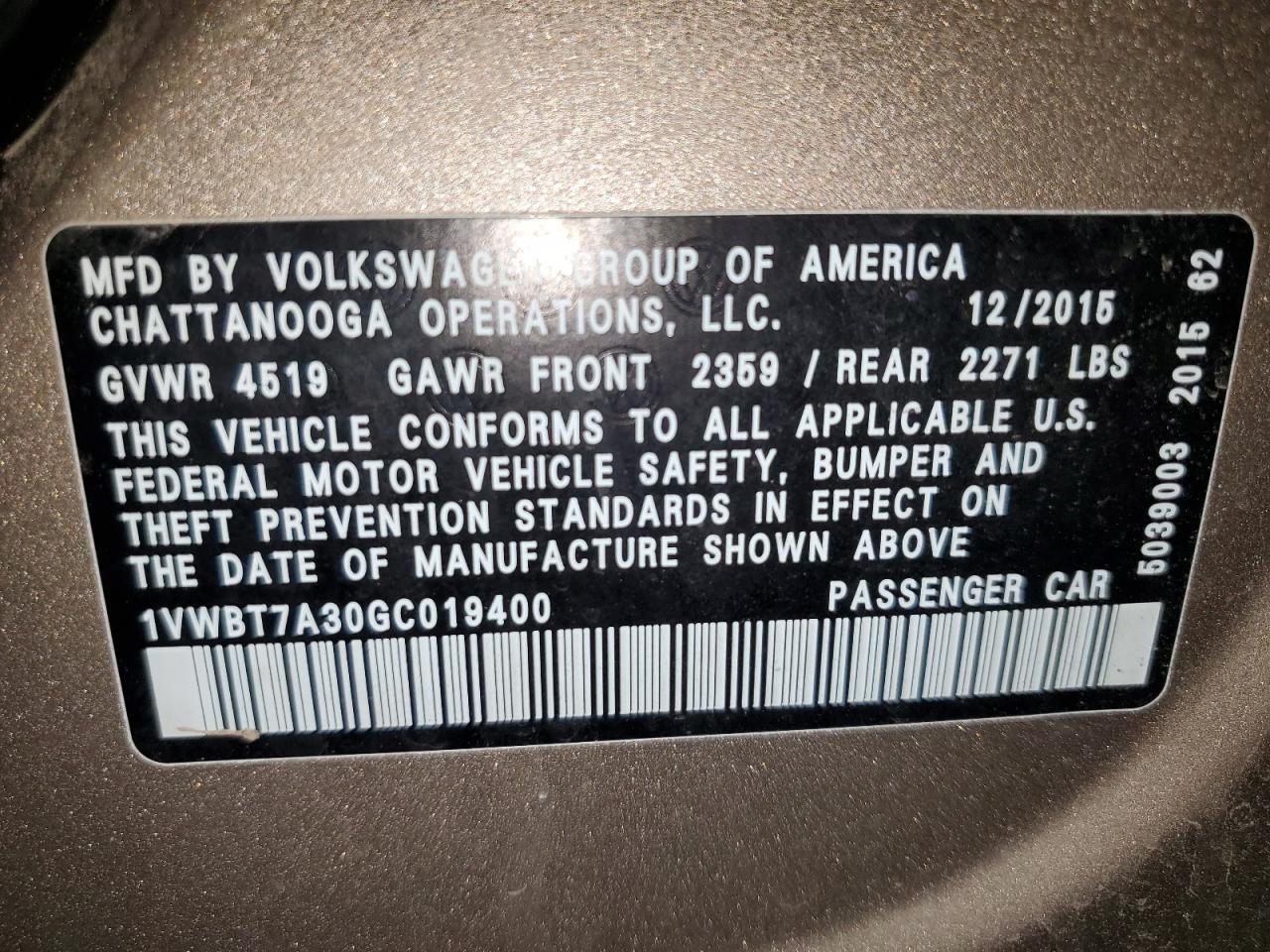 2016 Volkswagen Passat VIN 1VWBT7A30GC019400 Copart auction photo, front end / side damage thumbnail 12