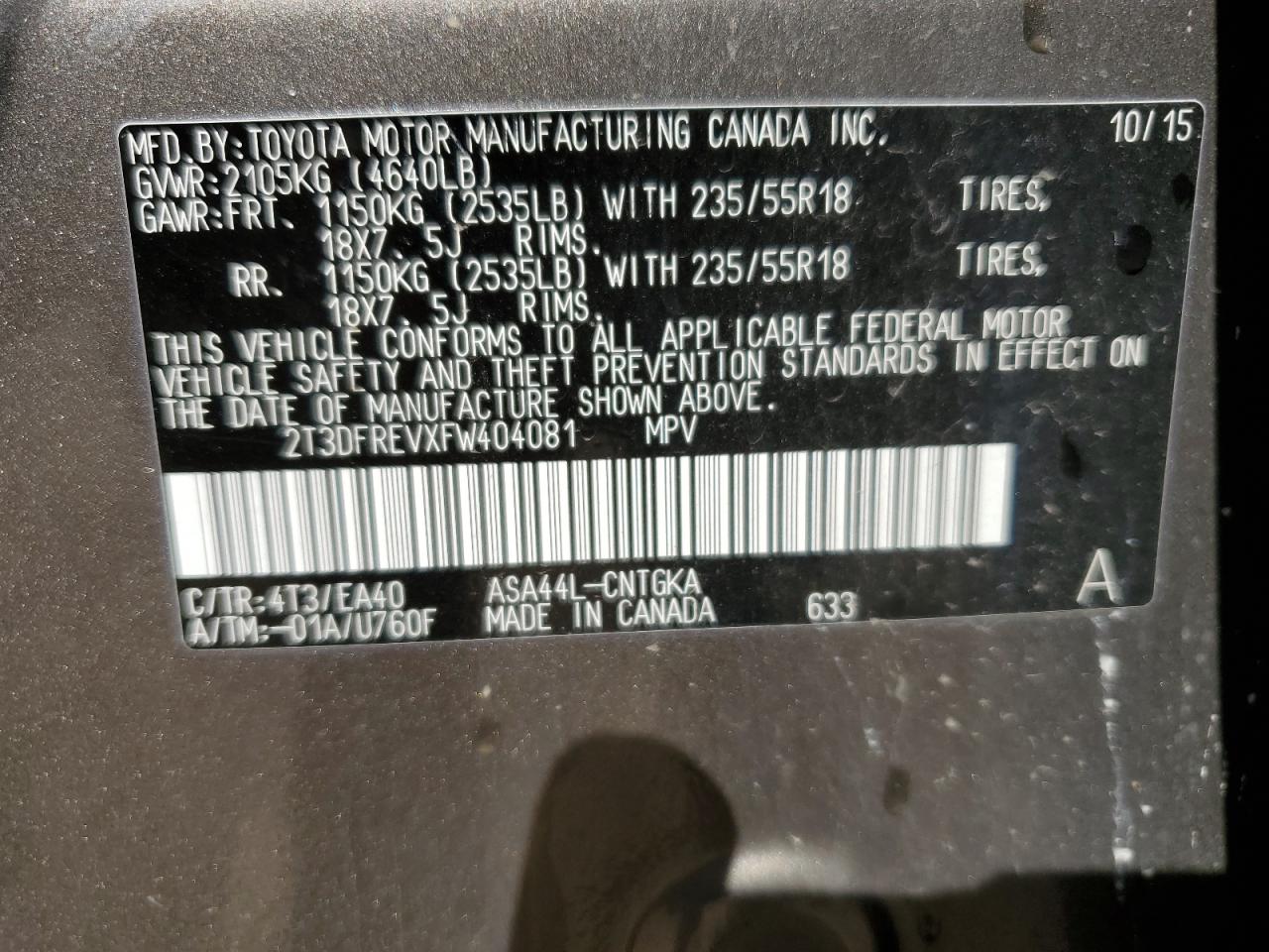 2015 Toyota RAV 4 VIN 2T3DFREVXFW404081 Copart auction photo, front end damage thumbnail 13