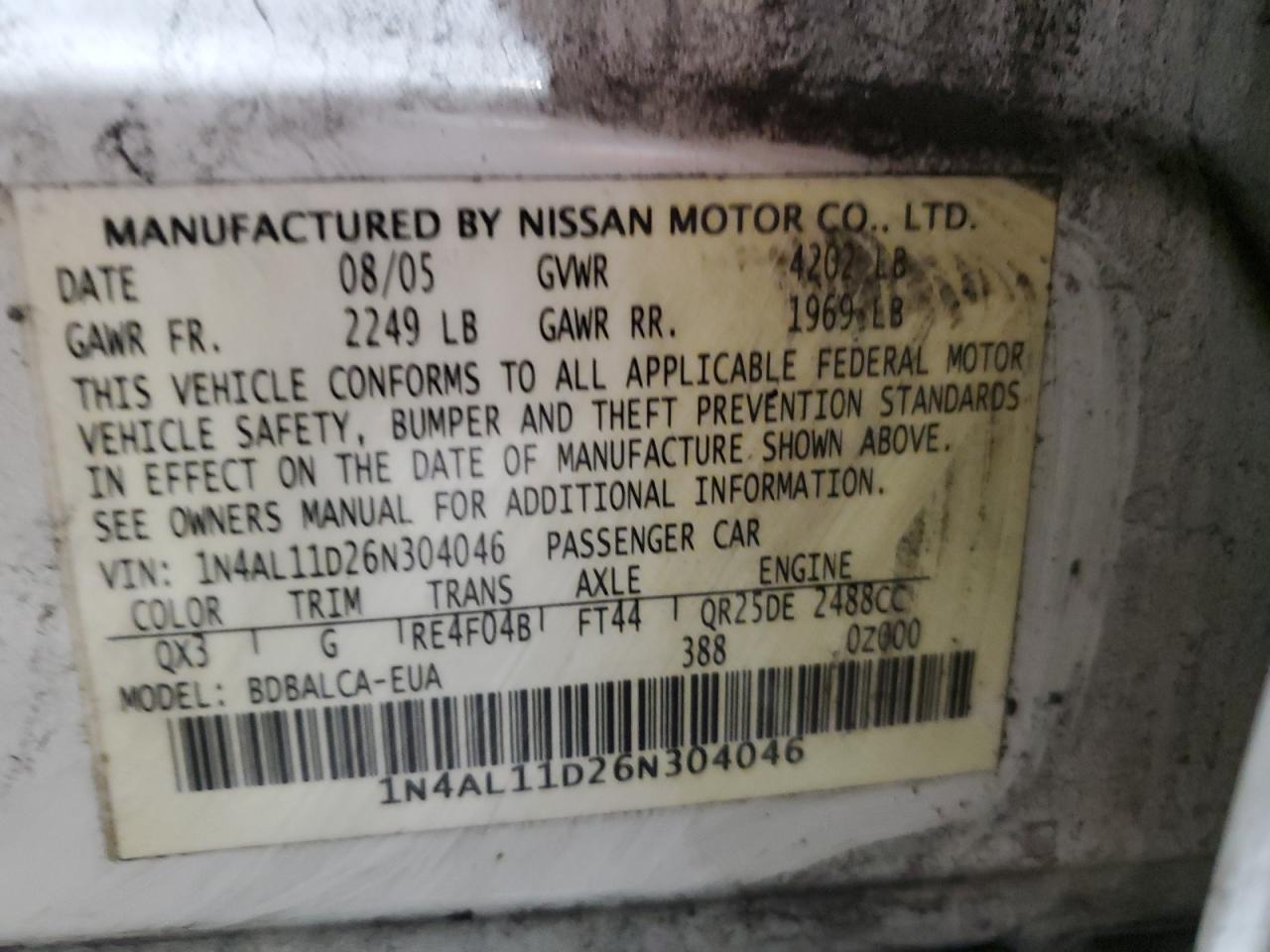 2006 Nissan Altima VIN 1N4AL11D26N304046 Copart auction photo, rear end damage thumbnail 13