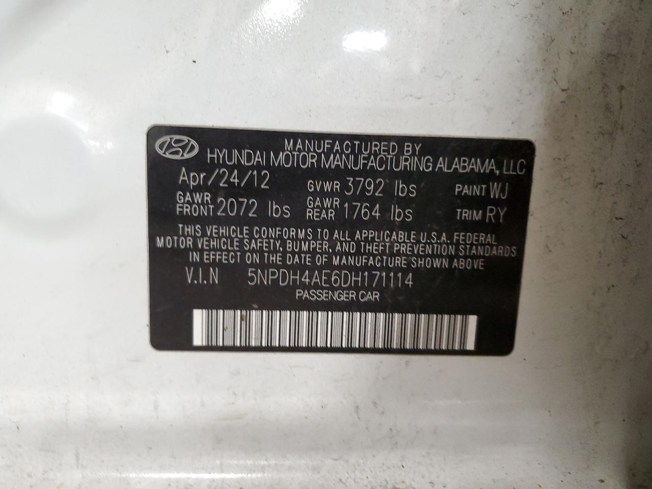 2013 Hyundai Elantra VIN 5NPDH4AE6DH171114 Copart auction photo, mechanical damage thumbnail 12