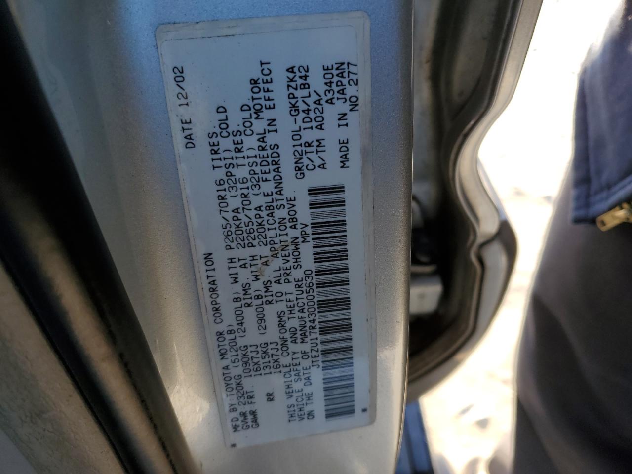 2003 Toyota 4Runner VIN JTEZU17R430005630 Copart auction photo, front end / side damage thumbnail 13