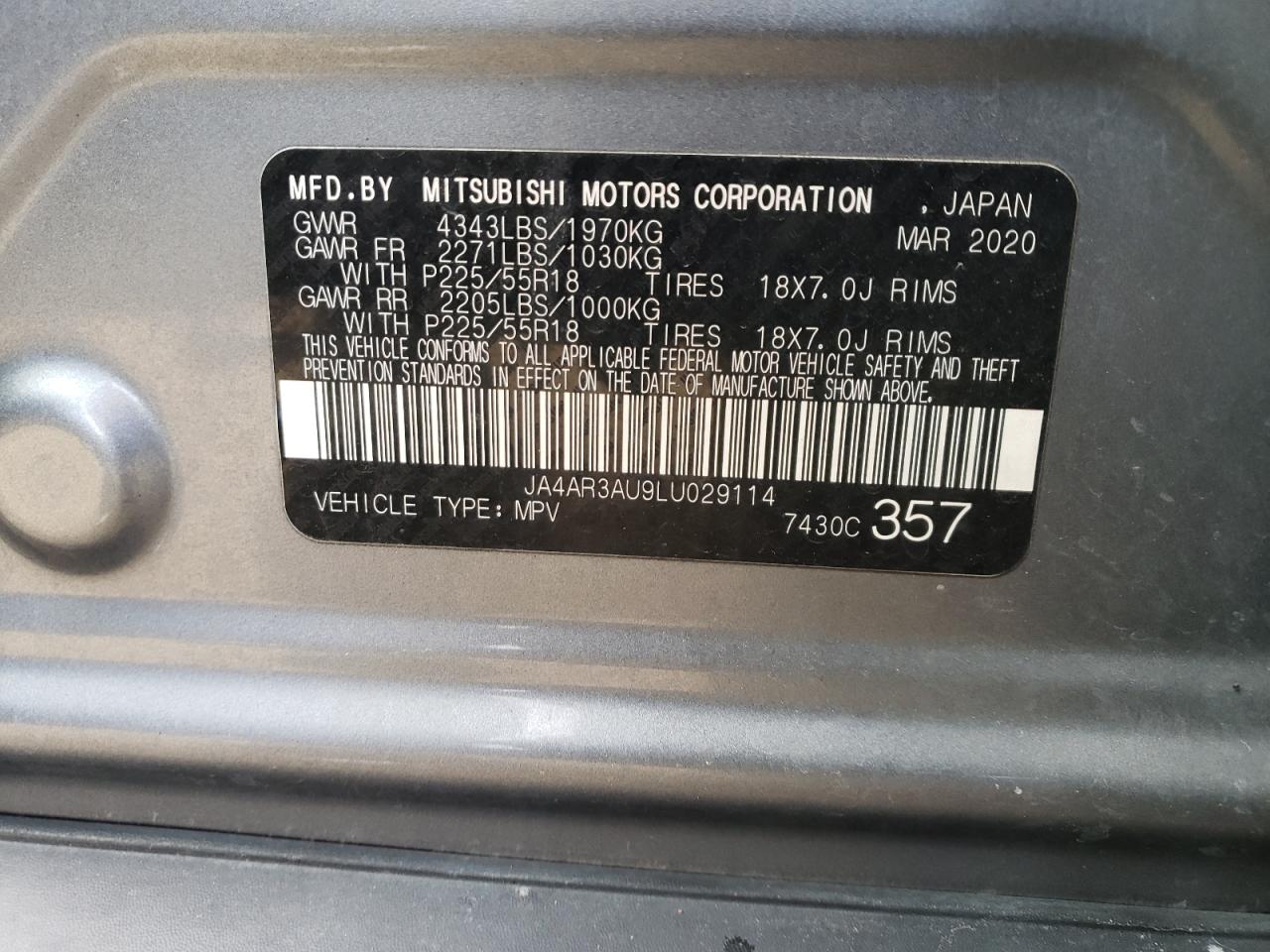 2020 Mitsubishi Outlander VIN JA4AR3AU9LU029114 Copart auction photo, front end / minor dent/scratches damage thumbnail 13