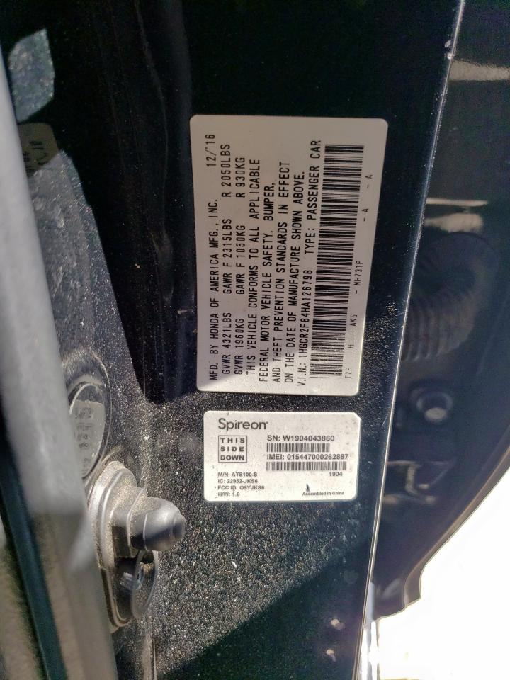2017 Honda Accord VIN 1HGCR2F84HA126798 Copart auction photo, front end damage thumbnail 15