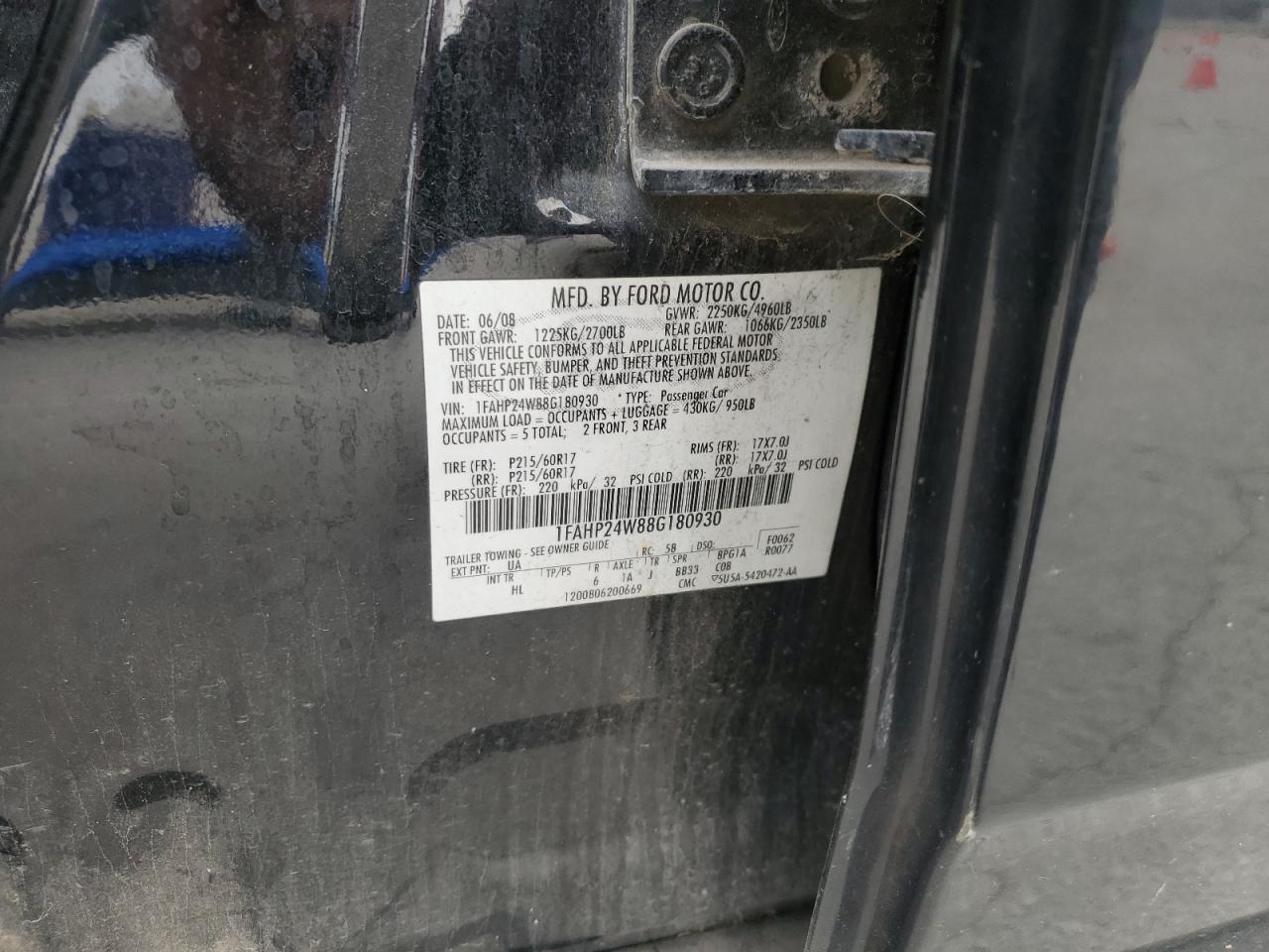 2008 Ford Taurus VIN 1FAHP24W88G180930 Copart auction photo, minor dent/scratches damage thumbnail 12