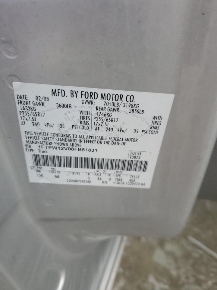 2008 Ford F-150 VIN 1FTPW12V08FB51831 Copart auction photo, front end damage thumbnail 12