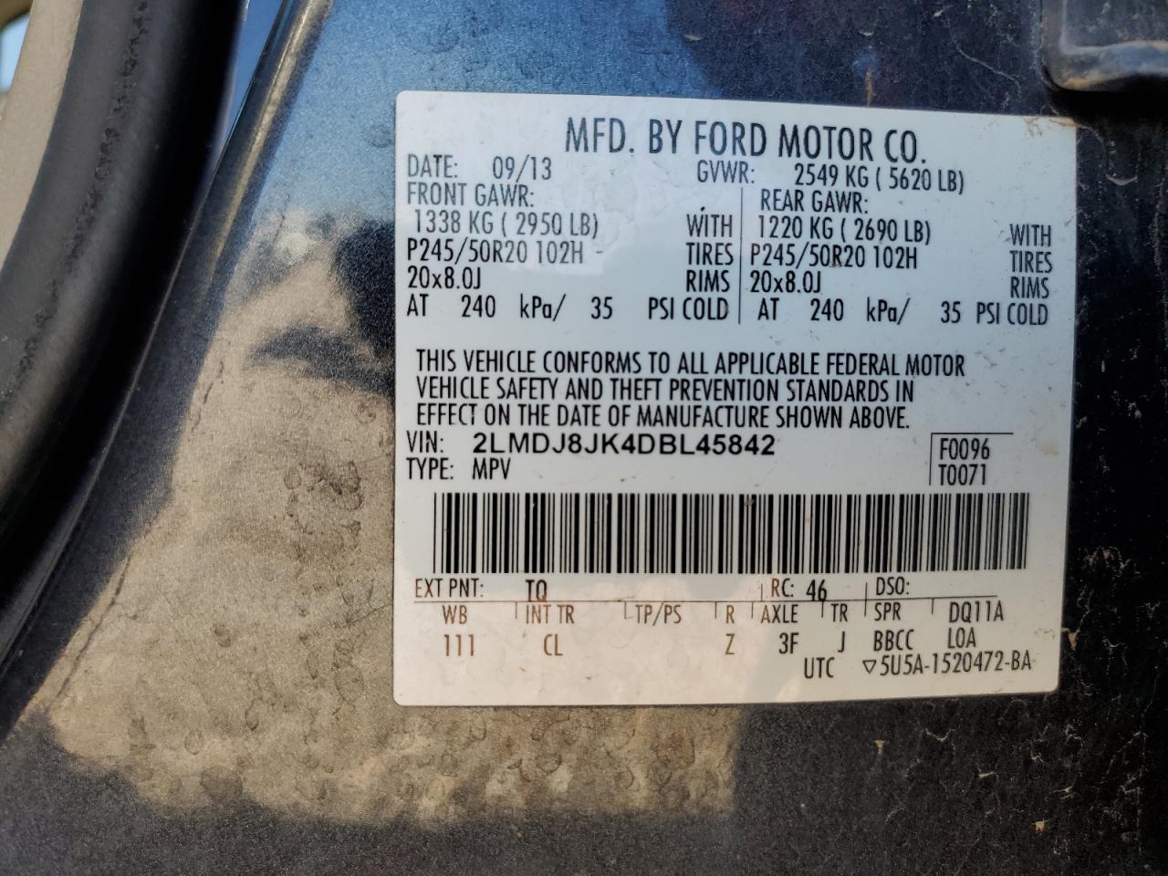 2013 Lincoln MKX VIN 2LMDJ8JK4DBL45842 Copart auction photo, front end / mechanical damage thumbnail 13