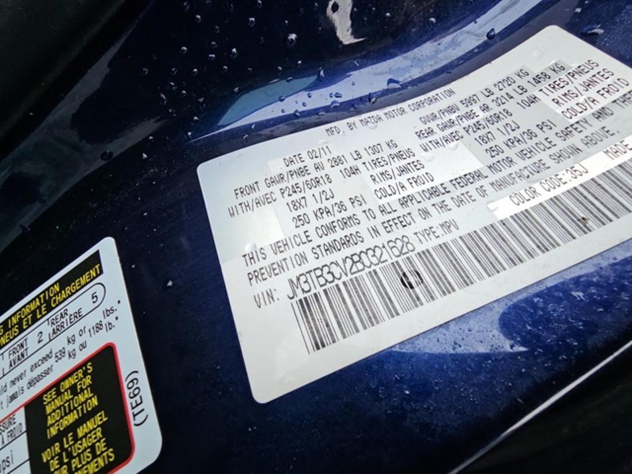 2011 Mazda CX-9 VIN JM3TB3CV2B0321628 Copart auction photo, rear end damage thumbnail 13