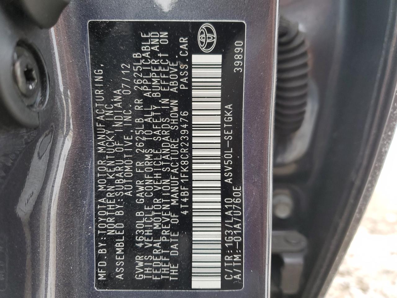 2012 Toyota Camry VIN 4T4BF1FK8CR239476 Copart auction photo, front end / mechanical damage thumbnail 14