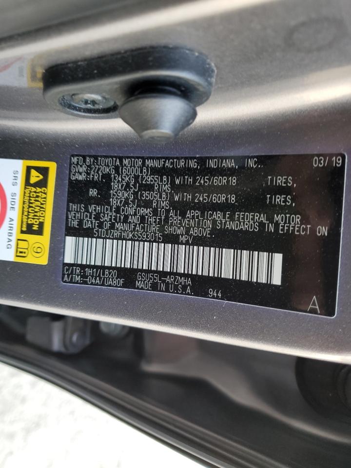 2019 Toyota Highlander VIN 5TDJZRFH0KS593015 Copart auction photo, front end / mechanical damage thumbnail 13