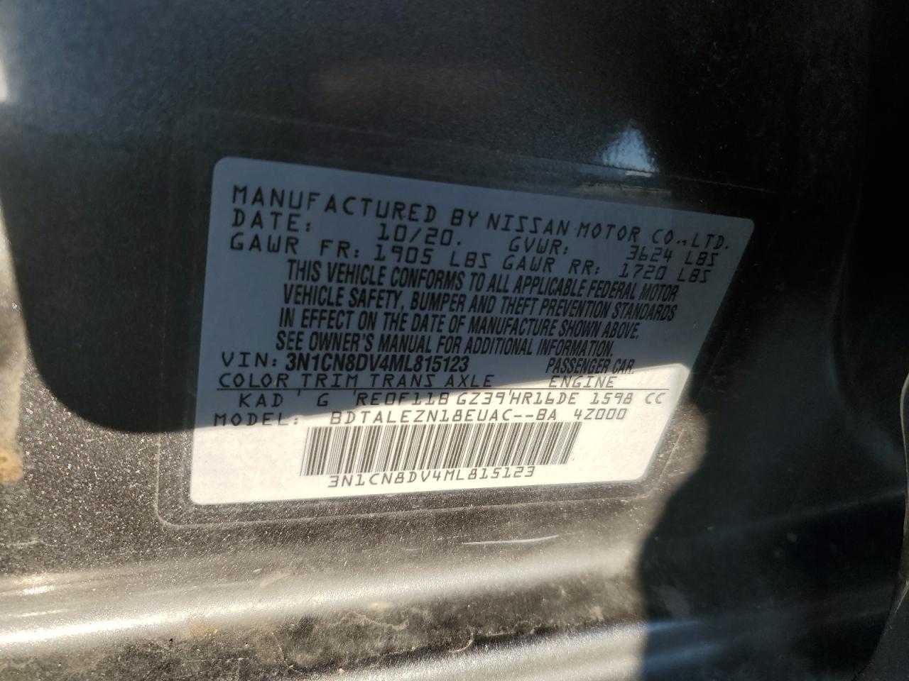 2021 Nissan Versa VIN 3N1CN8DV4ML815123 Copart auction photo, rear end damage thumbnail 12
