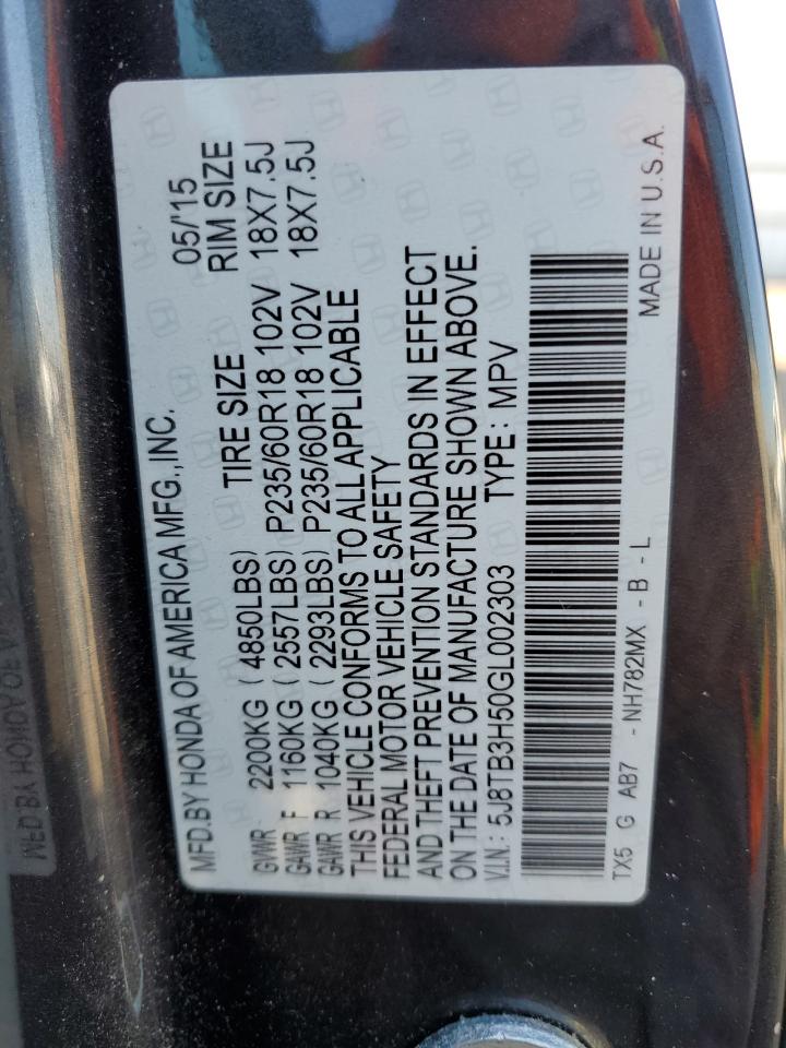2016 Acura RDX VIN 5J8TB3H50GL002303 Copart auction photo, front end damage thumbnail 13