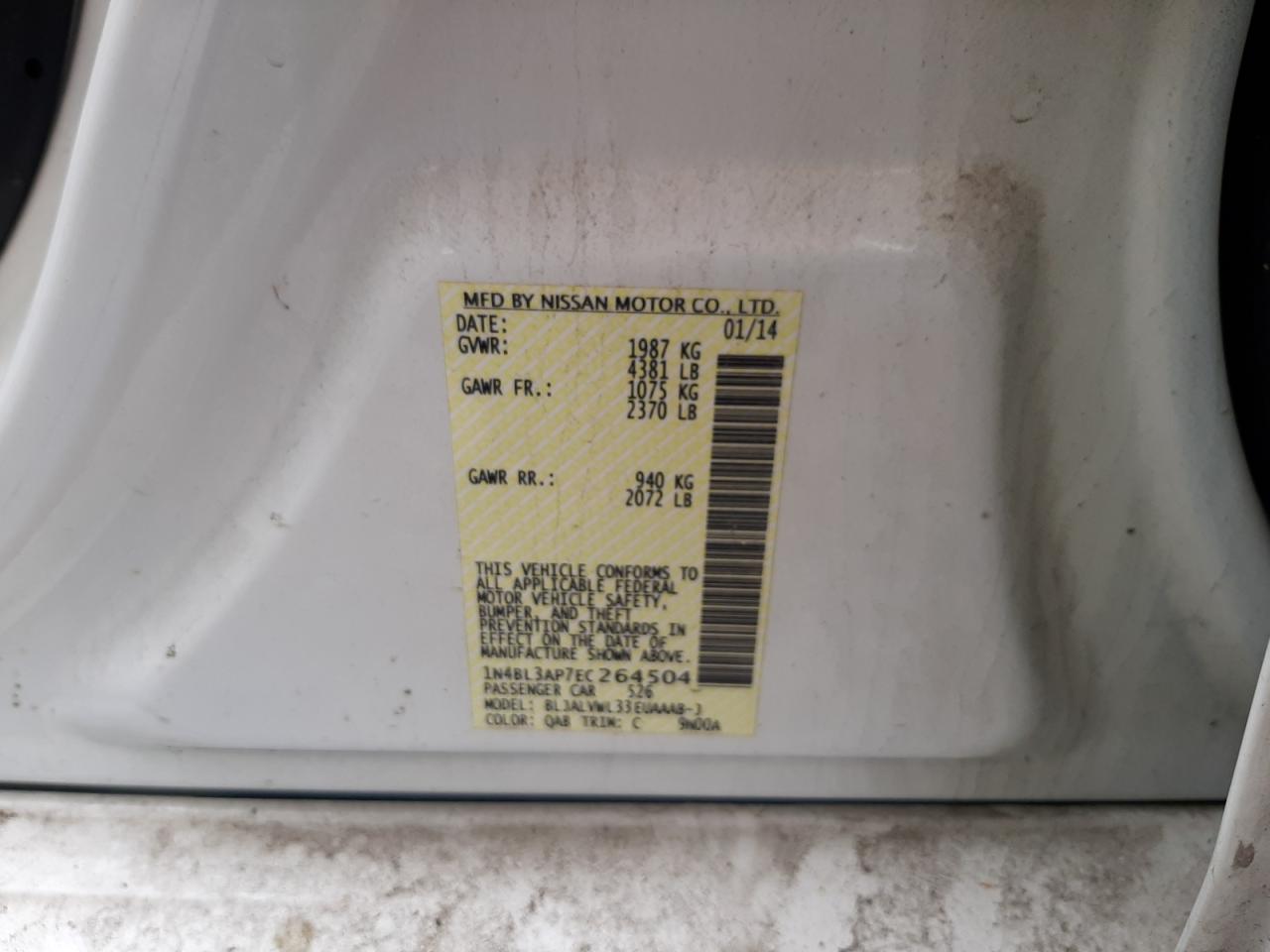 2014 Nissan Altima VIN 1N4BL3AP7EC264504 Copart auction photo, minor dent/scratches damage thumbnail 12