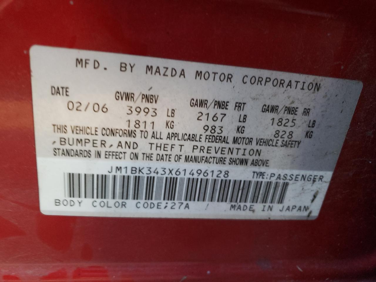 2006 Mazda 3 VIN JM1BK343X61496128 Copart auction photo, front end damage thumbnail 12