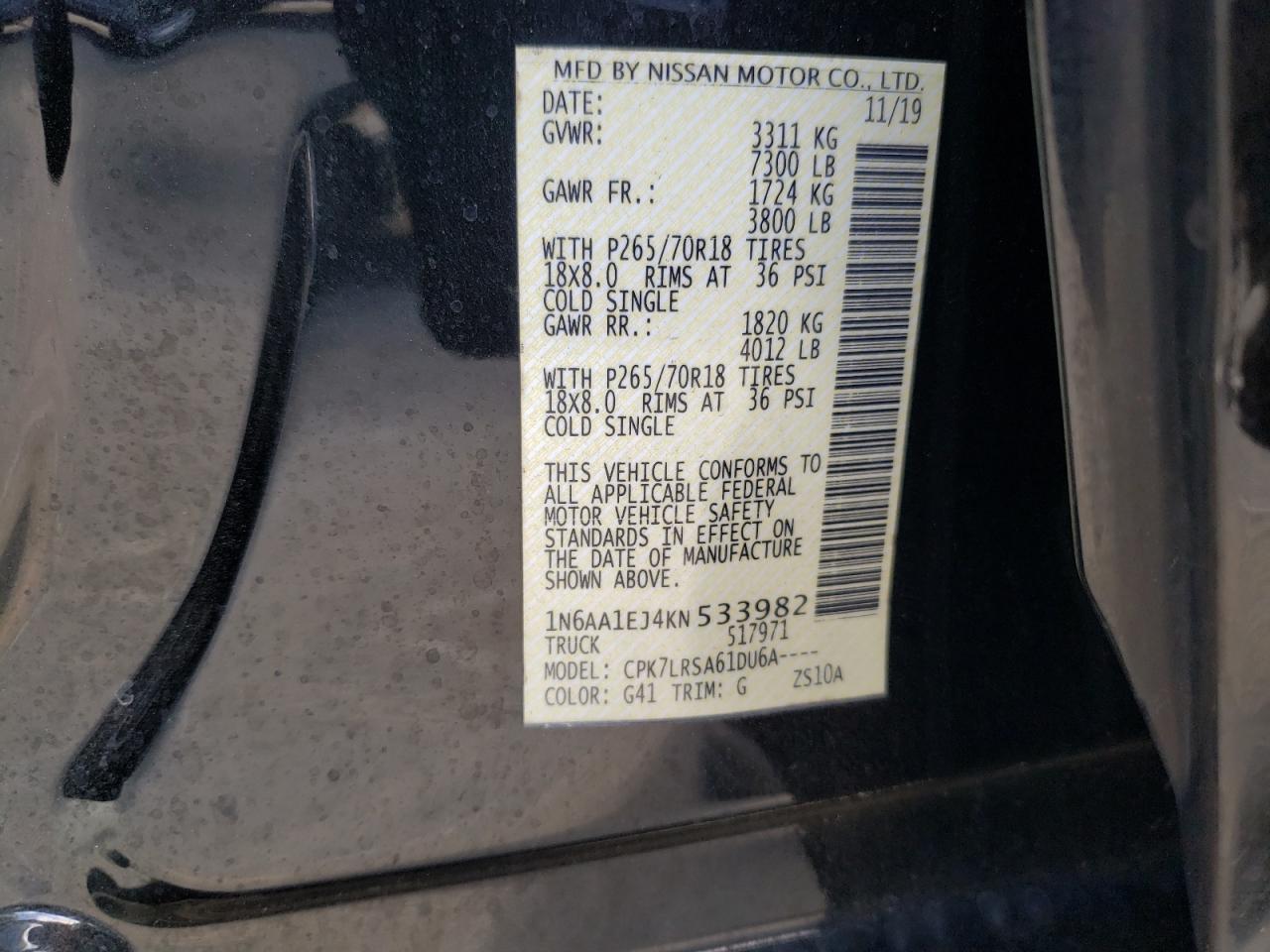 2019 Nissan Titan VIN 1N6AA1EJ4KN533982 Copart auction photo, side damage thumbnail 14