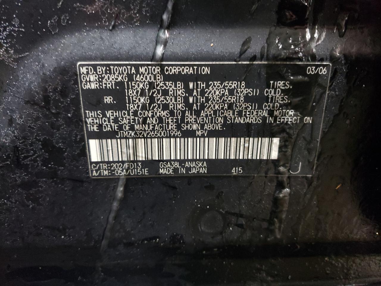 2006 Toyota RAV 4 VIN JTMZK32V265001996 Copart auction photo, side / front end damage thumbnail 12
