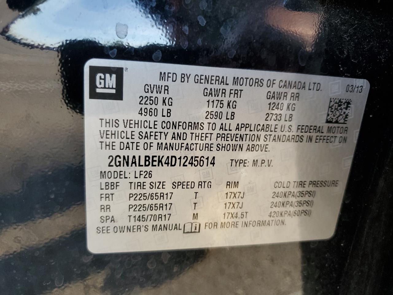 2013 Chevrolet Equinox VIN 2GNALBEK4D1245614 Copart auction photo, front end damage thumbnail 15