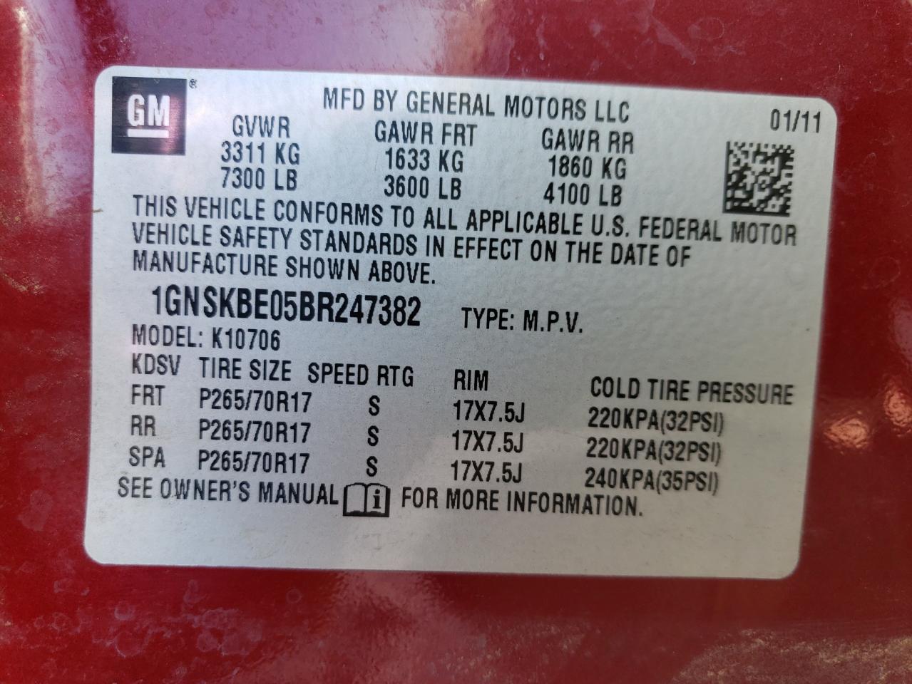 2011 Chevrolet Tahoe VIN 1GNSKBE05BR247382 Copart auction photo, front end / side damage thumbnail 14