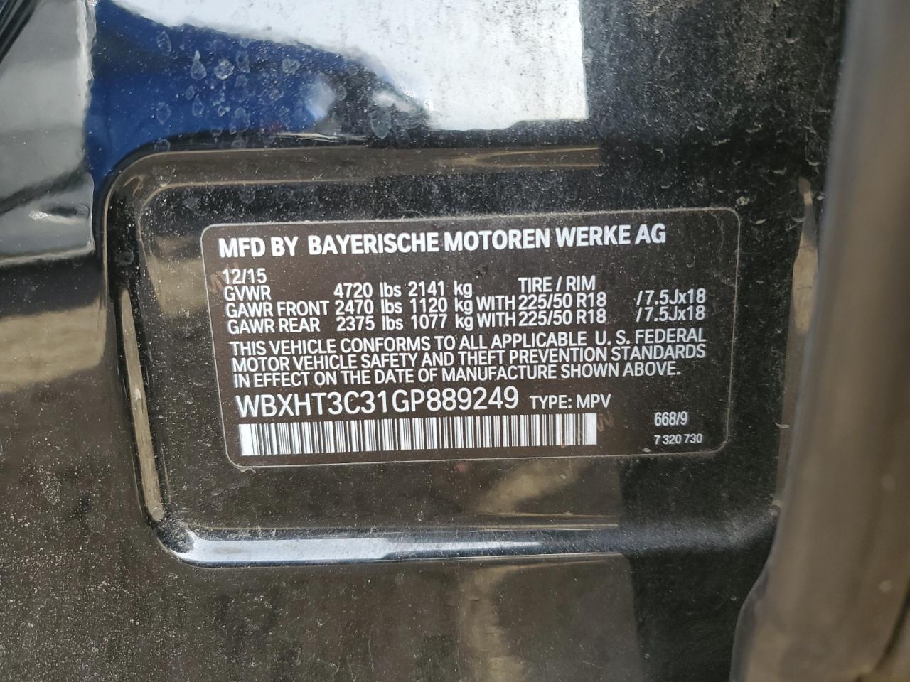 2016 BMW X1 VIN WBXHT3C31GP889249 Copart auction photo, front end damage thumbnail 15