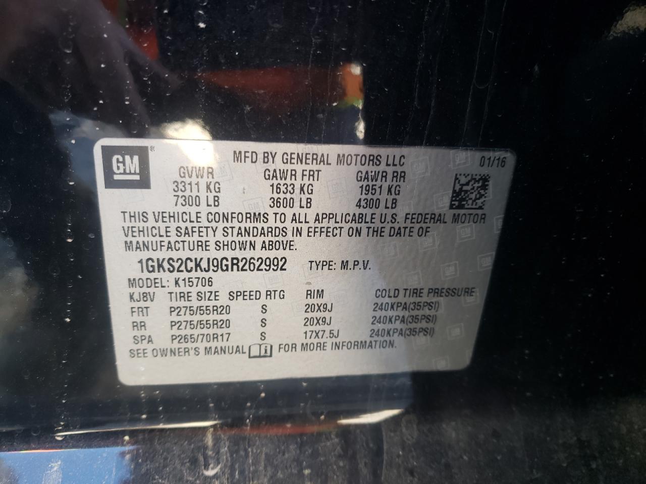 2016 GMC Yukon VIN 1GKS2CKJ9GR262992 Copart auction photo, front end damage thumbnail 16