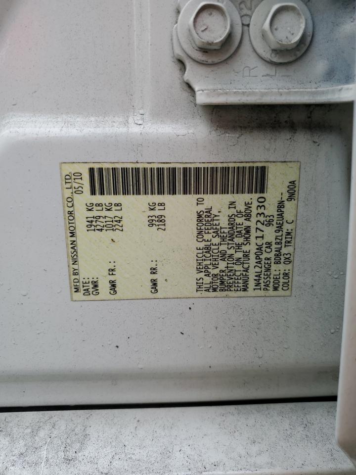 2010 Nissan Altima VIN 1N4AL2AP0AC172330 Copart auction photo, water/flood damage thumbnail 13