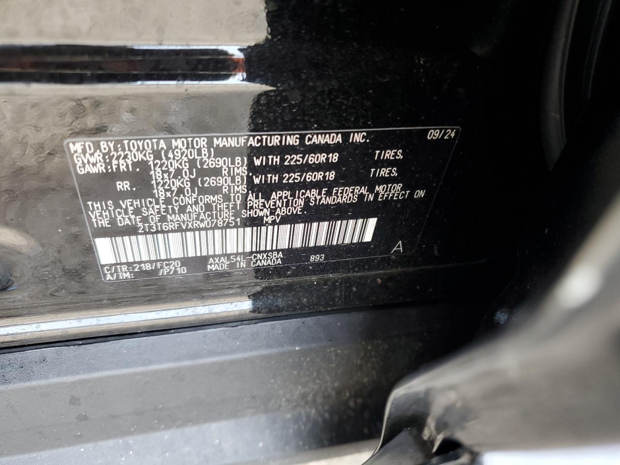 2024 Toyota RAV 4 VIN 2T3T6RFVXRW078751 Copart auction photo, rollover damage thumbnail 13