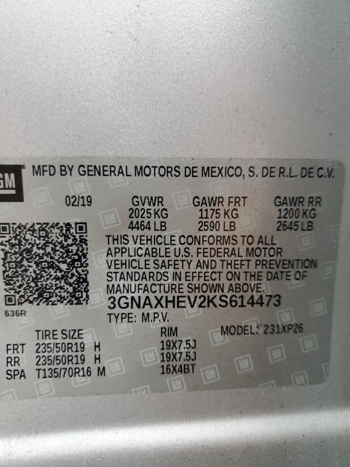 2019 Chevrolet Equinox VIN 3GNAXHEV2KS614473 Copart auction photo, side / all over damage thumbnail 13