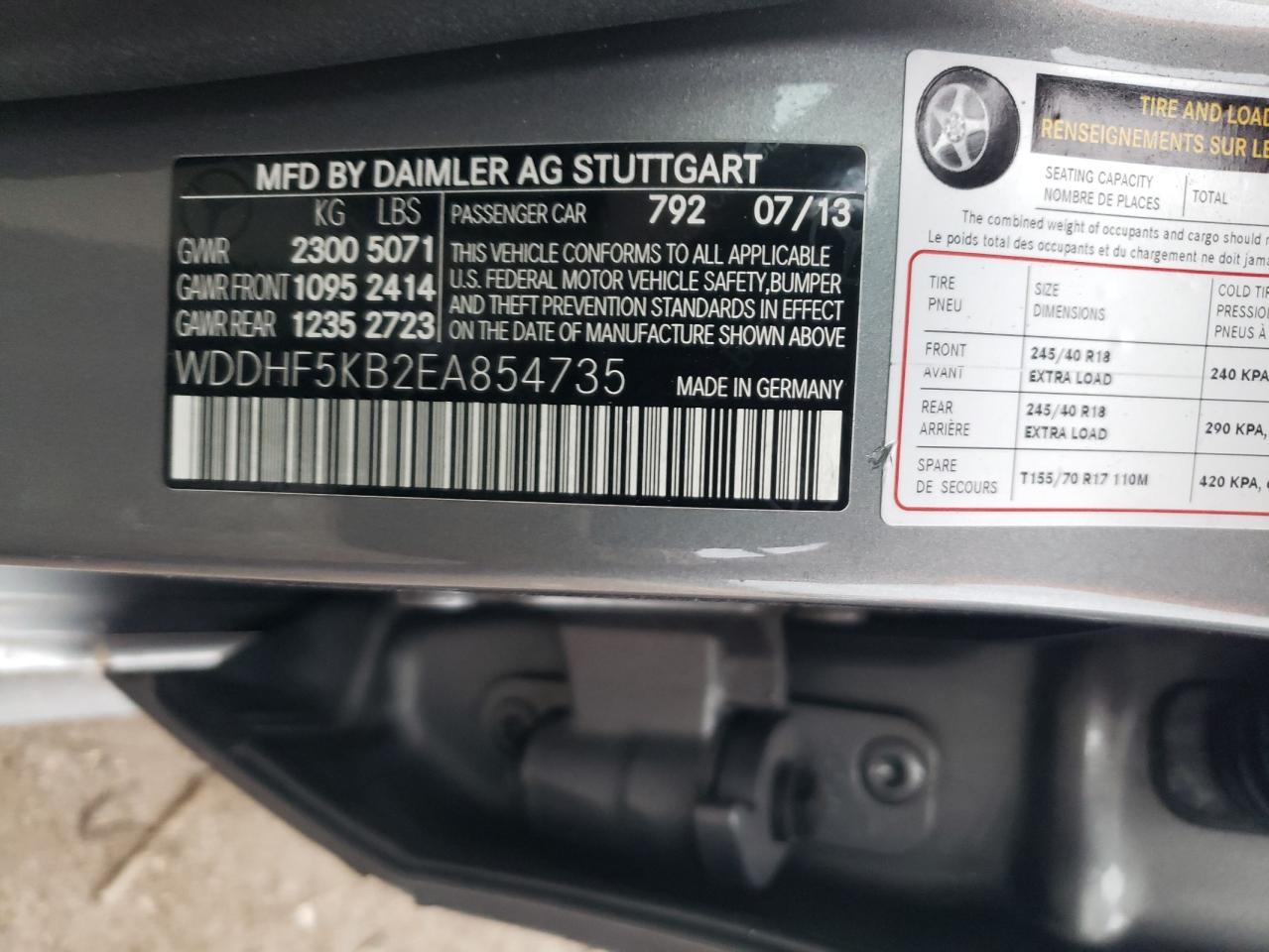2014 Mercedes-Benz E-klasse VIN WDDHF5KB2EA854735 Copart auction photo, front end / side damage thumbnail 12