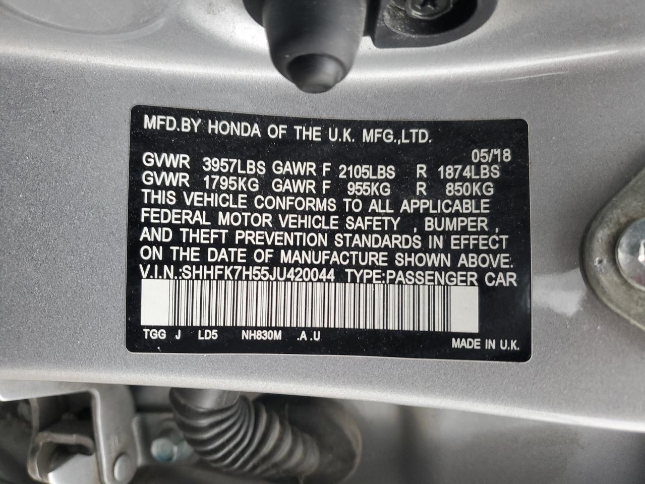 2018 Honda Civic VIN SHHFK7H55JU420044 Copart auction photo, side / front end damage thumbnail 14