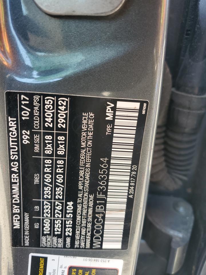 2018 Mercedes-Benz GLC VIN WDC0G4JB1JF363564 Copart auction photo, biohazard/chemical / front end damage thumbnail 14
