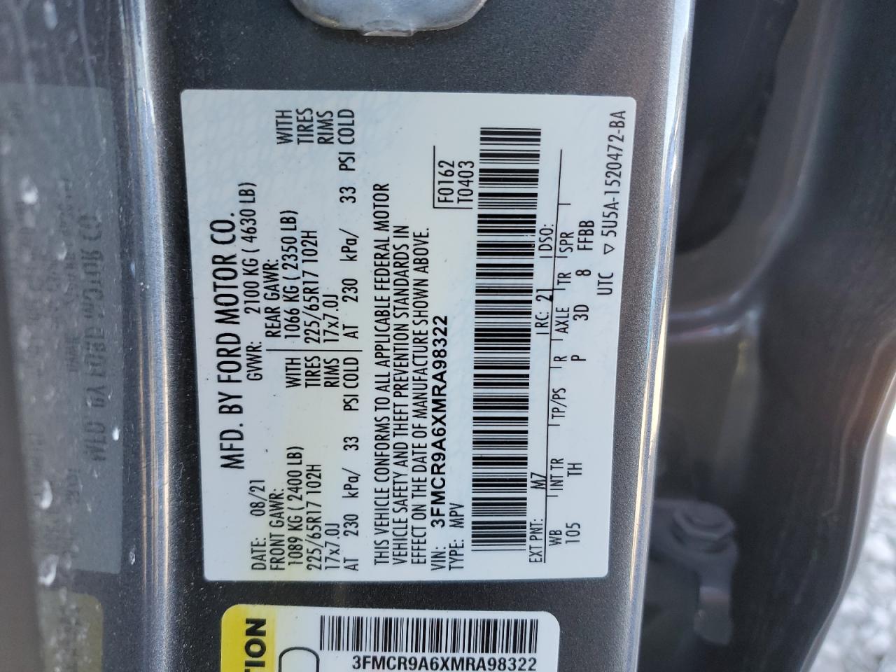 2021 Ford Bronco VIN 3FMCR9A6XMRA98322 Copart auction photo, front end damage thumbnail 15