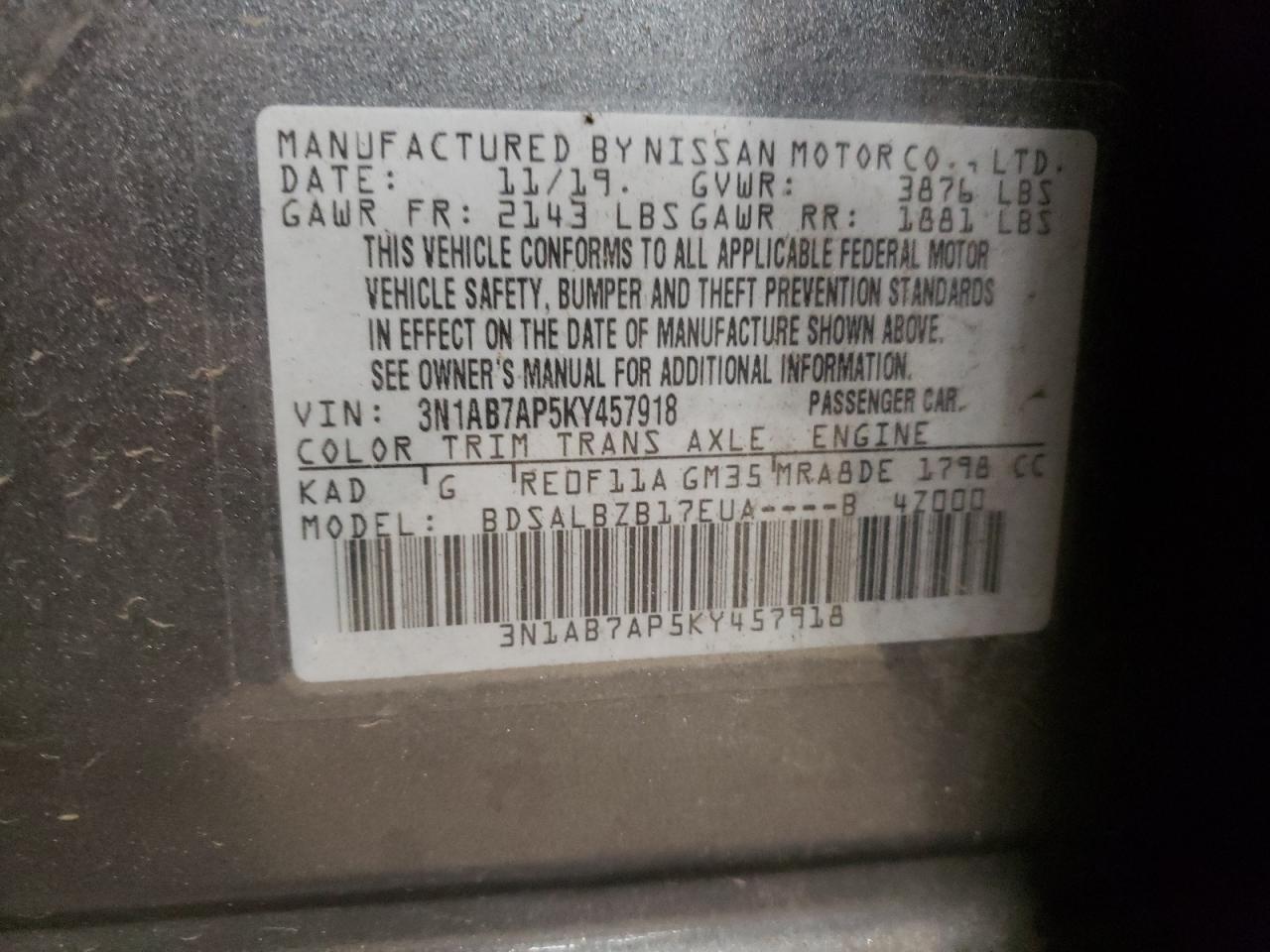 2019 Nissan Sentra VIN 3N1AB7AP5KY457918 Copart auction photo, front end / minor dent/scratches damage thumbnail 13