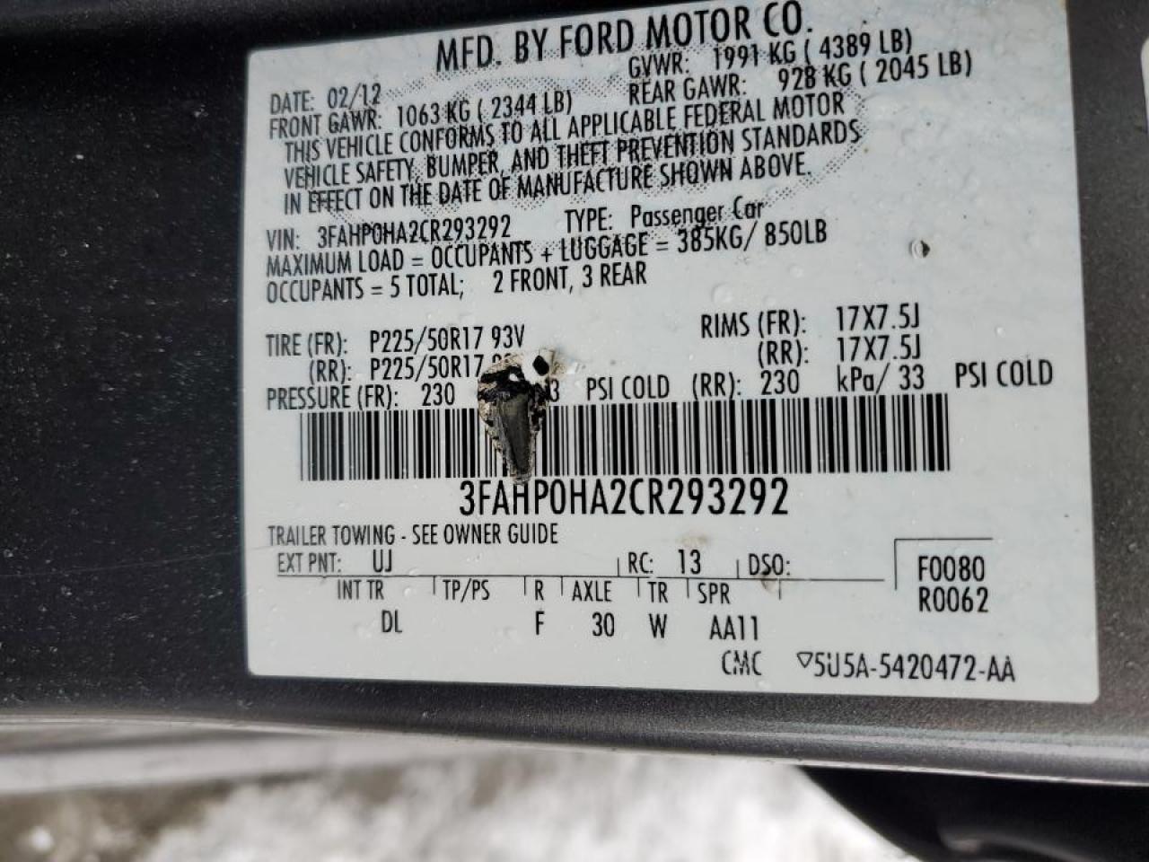 2012 Ford Fusion VIN 3FAHP0HA2CR293292 Copart auction photo, front end damage thumbnail 12