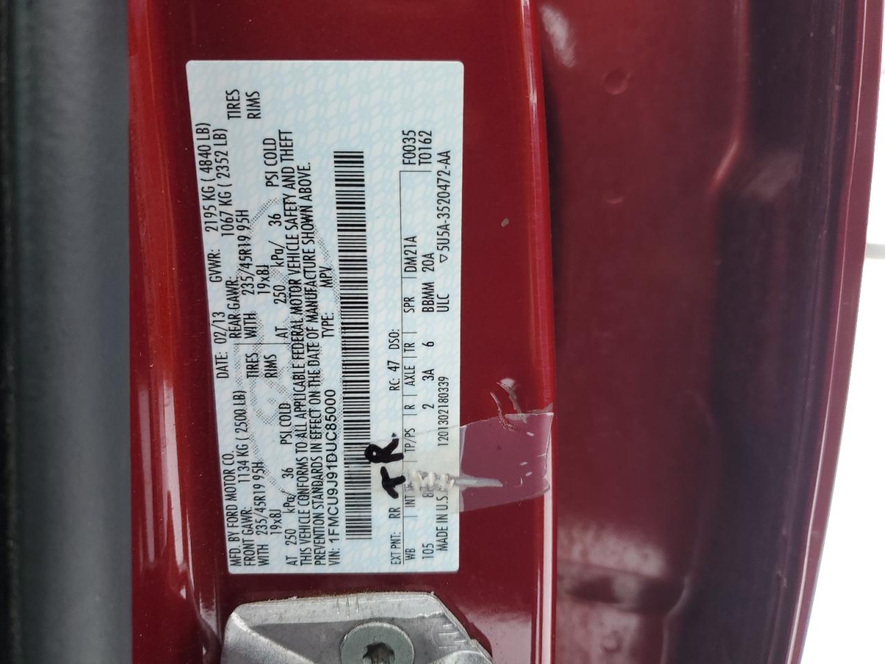 2013 Ford Escape VIN 1FMCU9J91DUC85000 Copart auction photo, front end / minor dent/scratches damage thumbnail 13