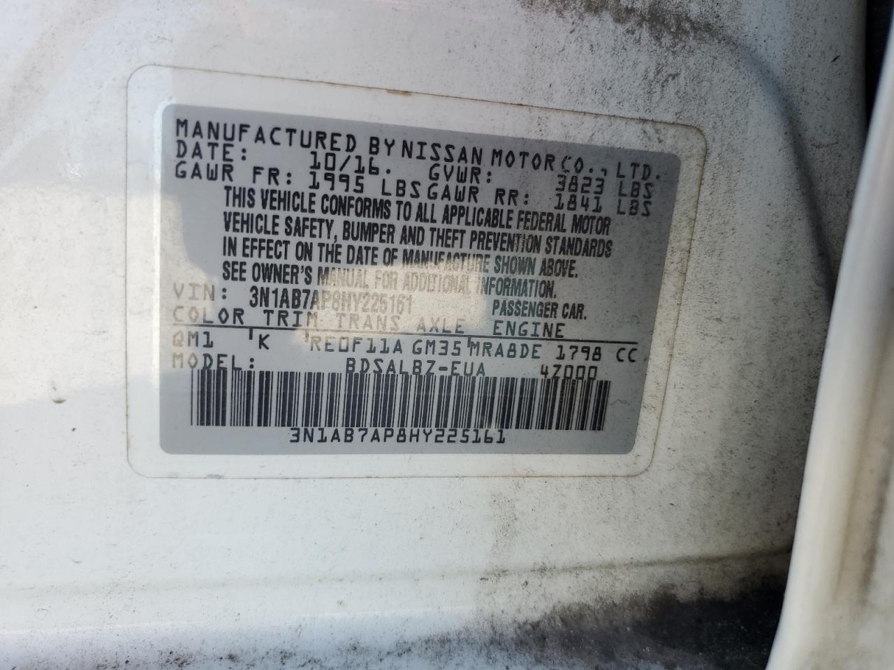2017 Nissan Sentra VIN 3N1AB7AP8HY225161 Copart auction photo, front end / side damage thumbnail 12