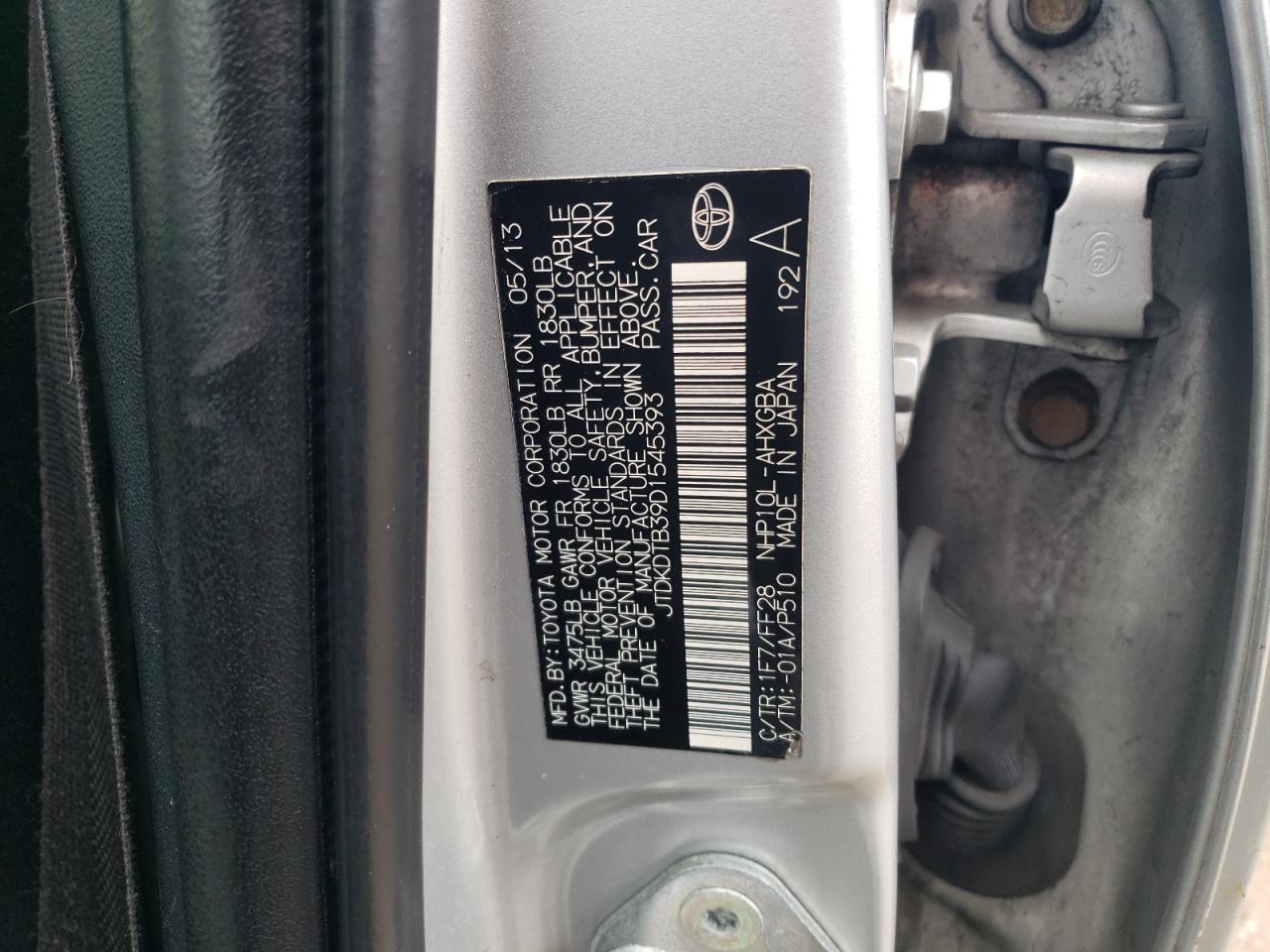 2013 Toyota Prius VIN JTDKDTB39D1545393 Copart auction photo, front end / minor dent/scratches damage thumbnail 14