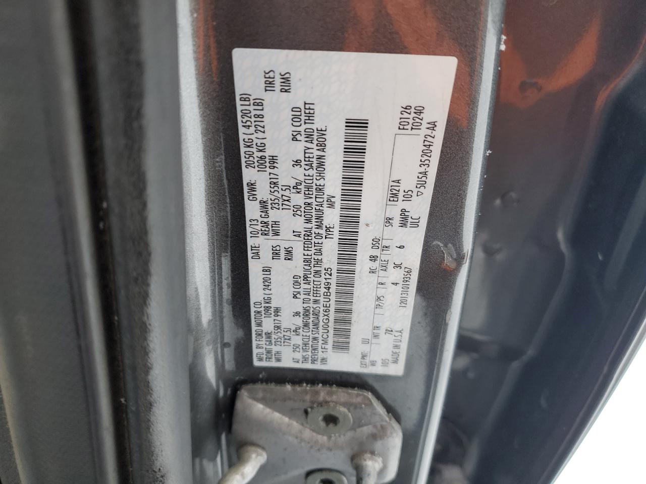 2014 Ford Escape VIN 1FMCU0GX6EUB49125 Copart auction photo, burn / burn - interior damage thumbnail 12