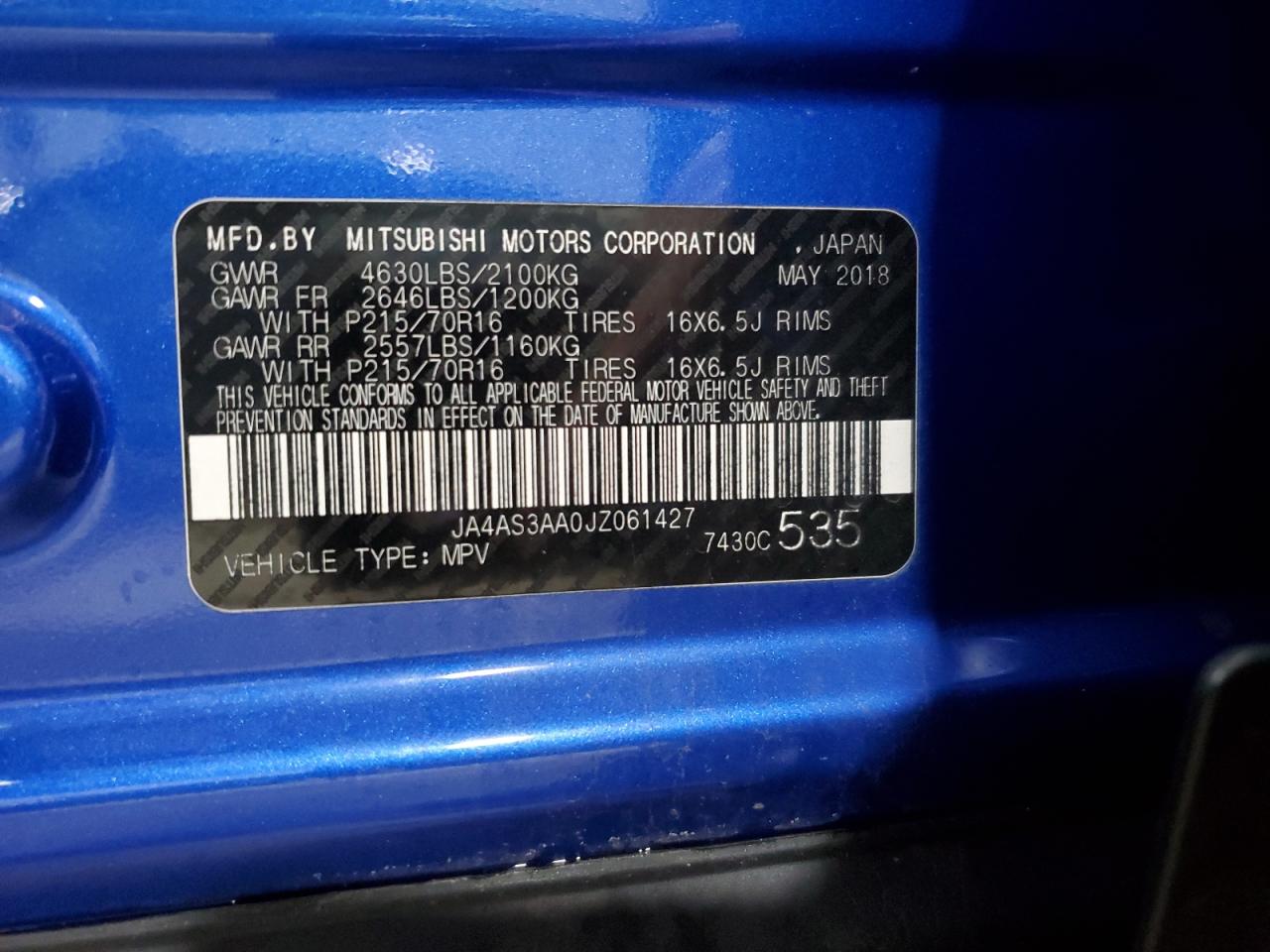 2018 Mitsubishi Eclipse VIN JA4AS3AA0JZ061427 Copart auction photo, front end damage thumbnail 15