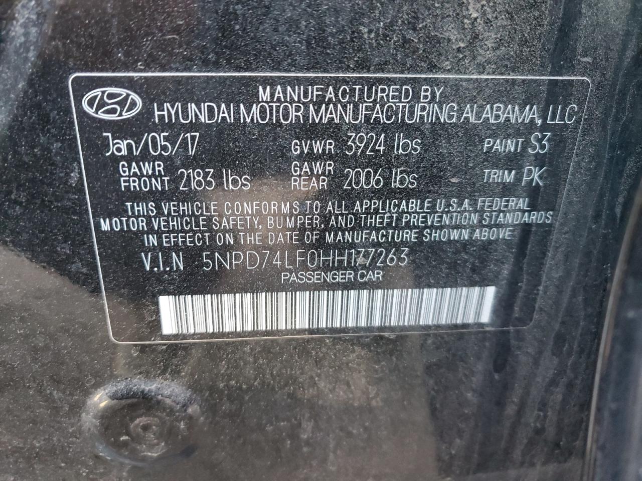 2017 Hyundai Elantra VIN 5NPD74LF0HH177263 Copart auction photo, vandalism damage thumbnail 12