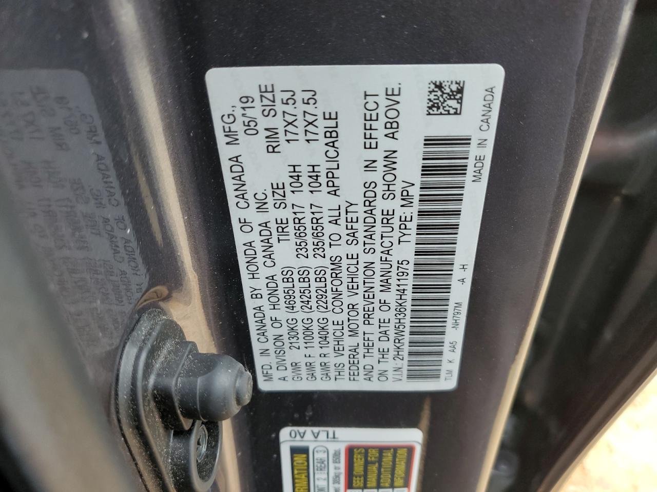 2019 Honda CR-V VIN 2HKRW5H36KH411975 Copart auction photo, front end / undercarriage damage thumbnail 13