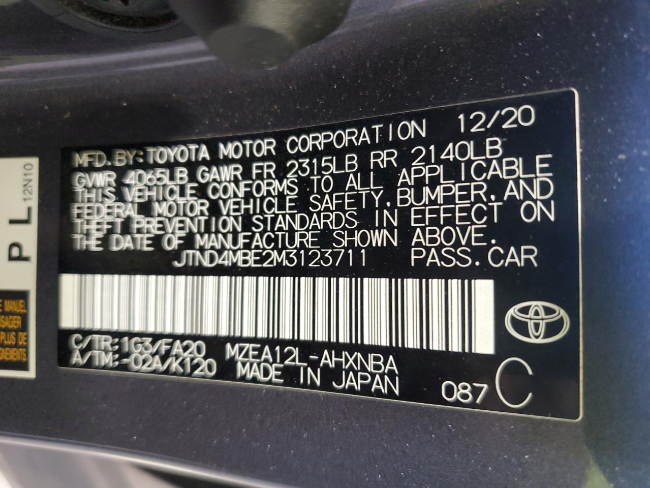 2021 Toyota Corolla VIN JTND4MBE2M3123711 Copart auction photo, vandalism damage thumbnail 12